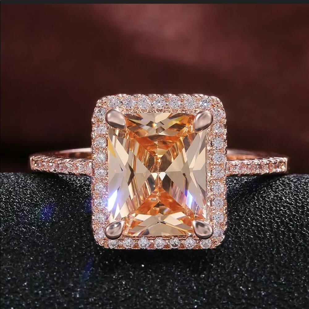 New Rose Gold Filled  Emerald Cut Crystal Ring